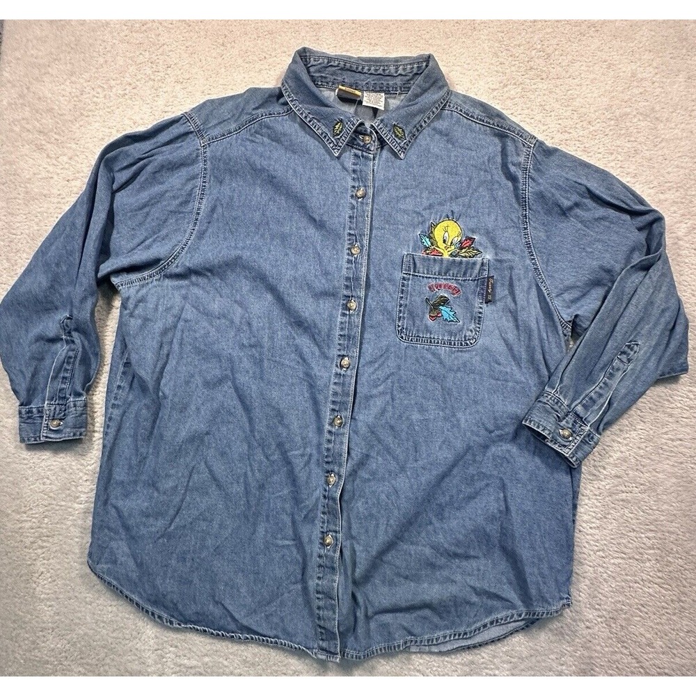 Vintage Looney Tunes Denim Shirt Women 22W Blue Tweety Bird Chambray Y2K
